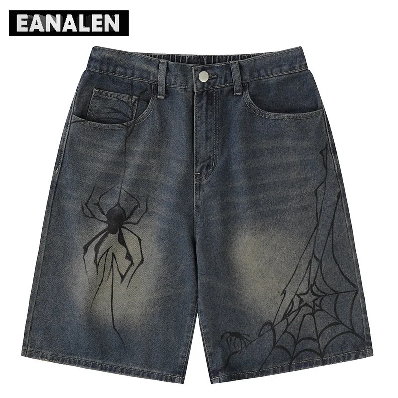 Harajuku retro graffiti spider pattern denim shorts mens oversized street rock punk campus sports basketball boyfriend 240812