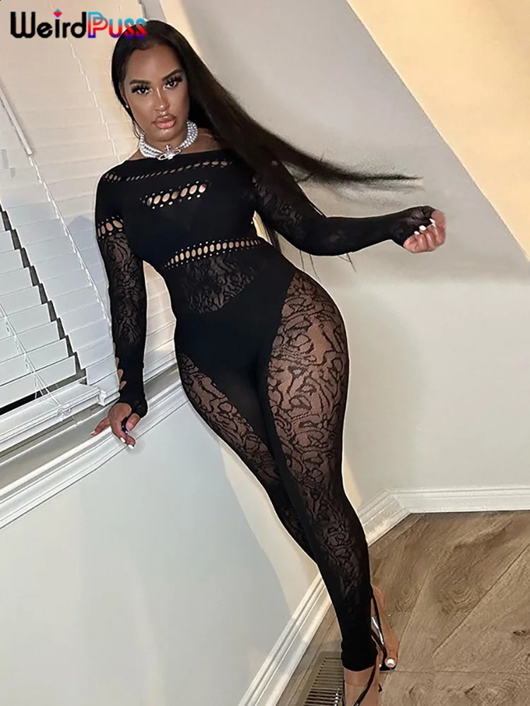 Weird Puss Sexy Hollow Tight Jumpsuit Women Irregular Off Shoulders Skinny Elastic Diamonds Long Sleeve Sexy Clubwear Overalls 240813