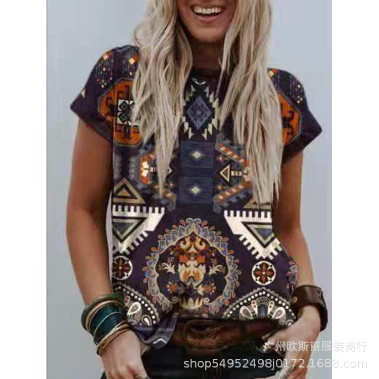 2024 New Geometric Printed Bat Short Sleeve T-shirt Blouse Top