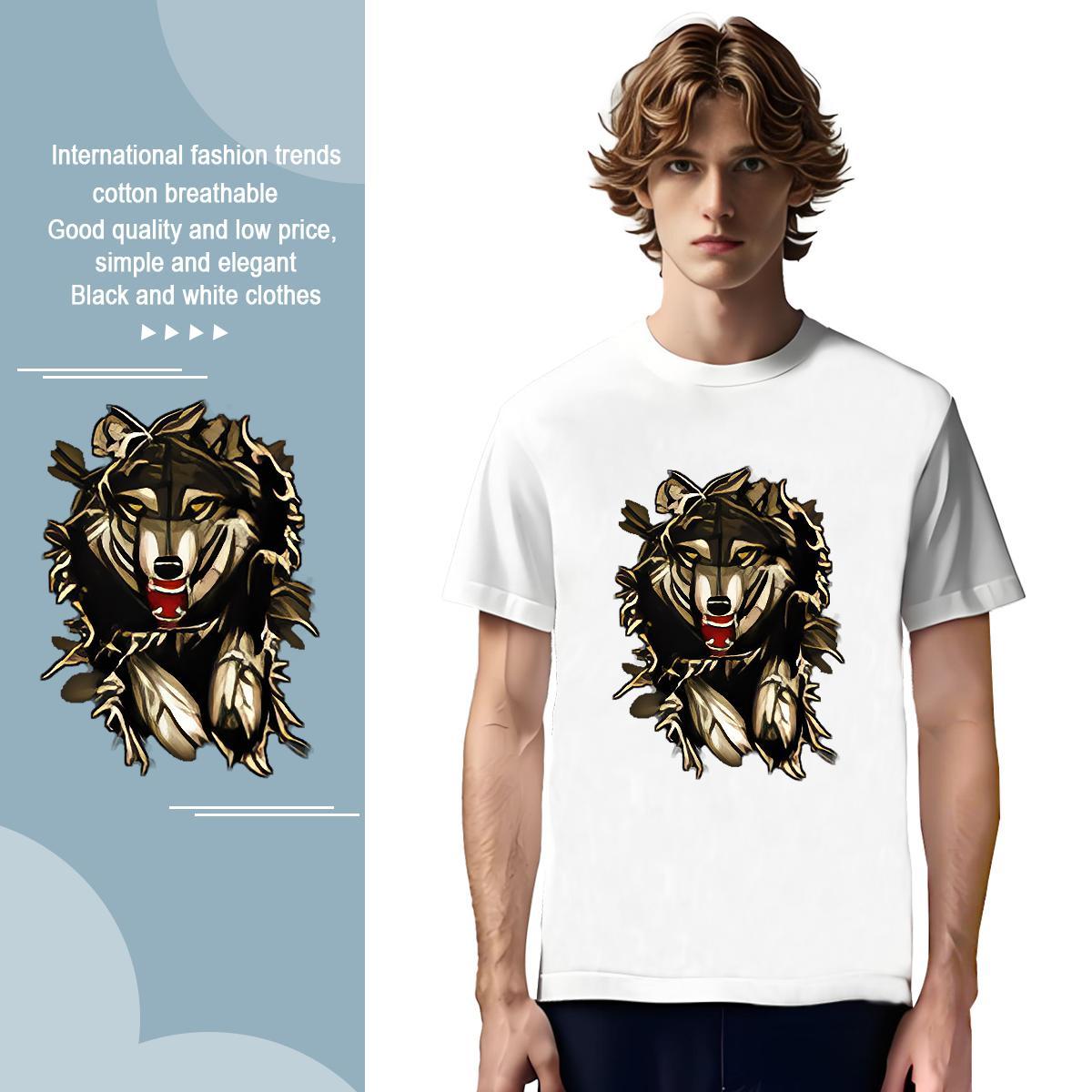 Wholesale wolf T Shirt For Man Daily Wear Tshirts 230g Cotton Fashion Design Breathable Short Sleeve Cartoon Print Tee Shirt