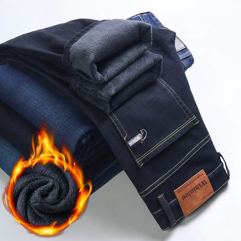 Vintage Thermal Trouser Business Mens Warm Fleece Jeans Winter Thick Velvet Pants Classic Daily Elastic Cotton Denim 240823