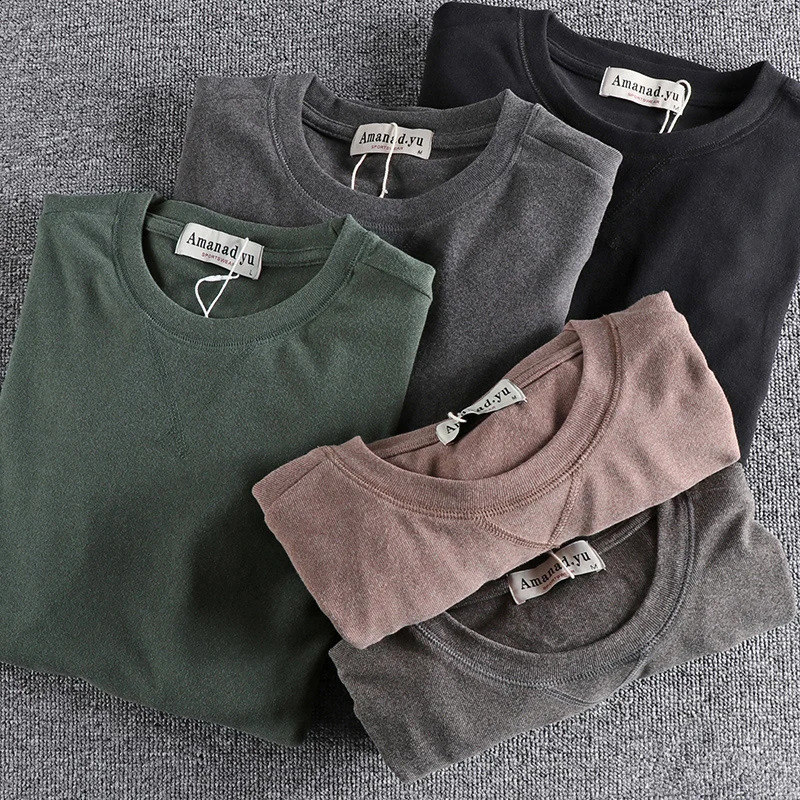 Autumn American Retro Long-sleeved O-neck Soild Color T-shirt Mens Fashion Simple 100% Cotton Washed Casual Sport Tops 240812