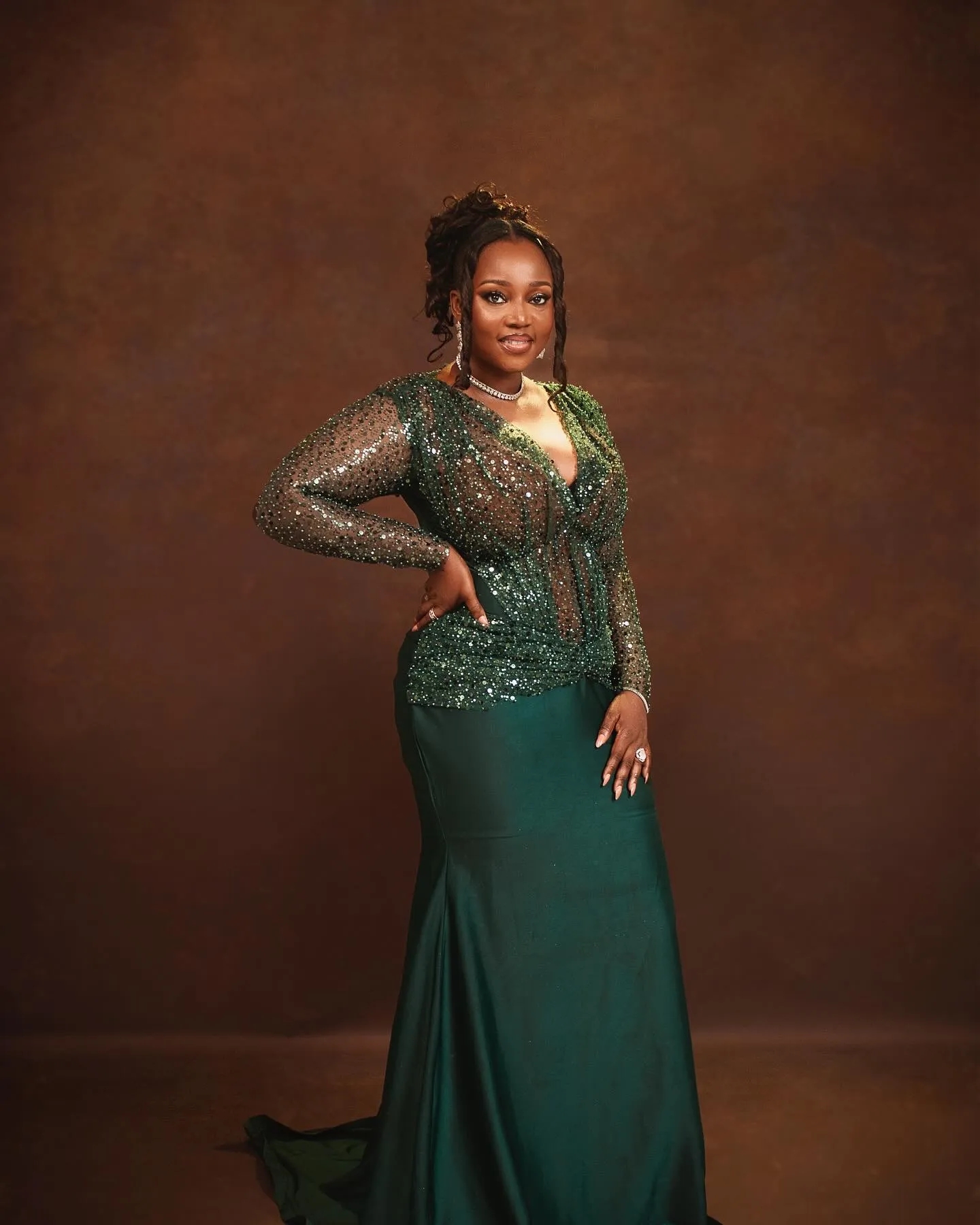 Green Aso Ebi Mermaid V-neck Long Sleeves Sequins Arabic Prom Dresses Formal Party Second Reception Birthday Engagement Evening Gowns Dresses Robe De 