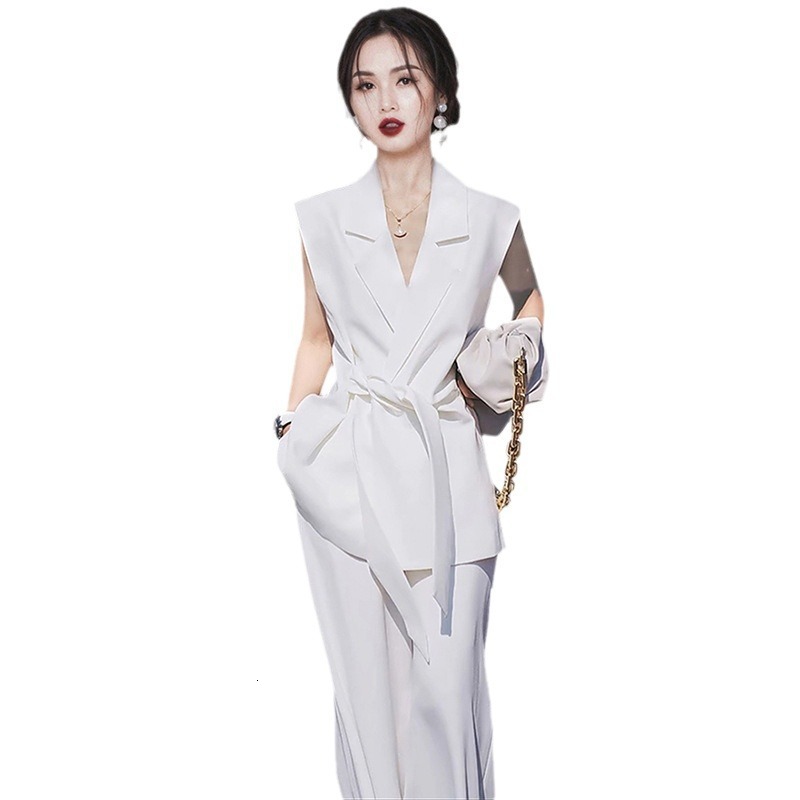 White Professional Suit Two-piece Set for Summer Light and Mature Style Elegant and Elegant Slim Fit Sleeveless Suit for Women 1462