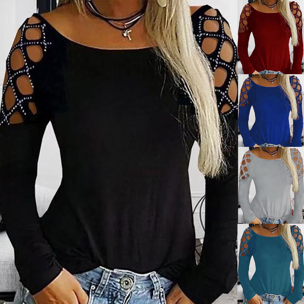T-shirt women's autumn and winter new sexy hollow out long sleeved blouse plus size top
