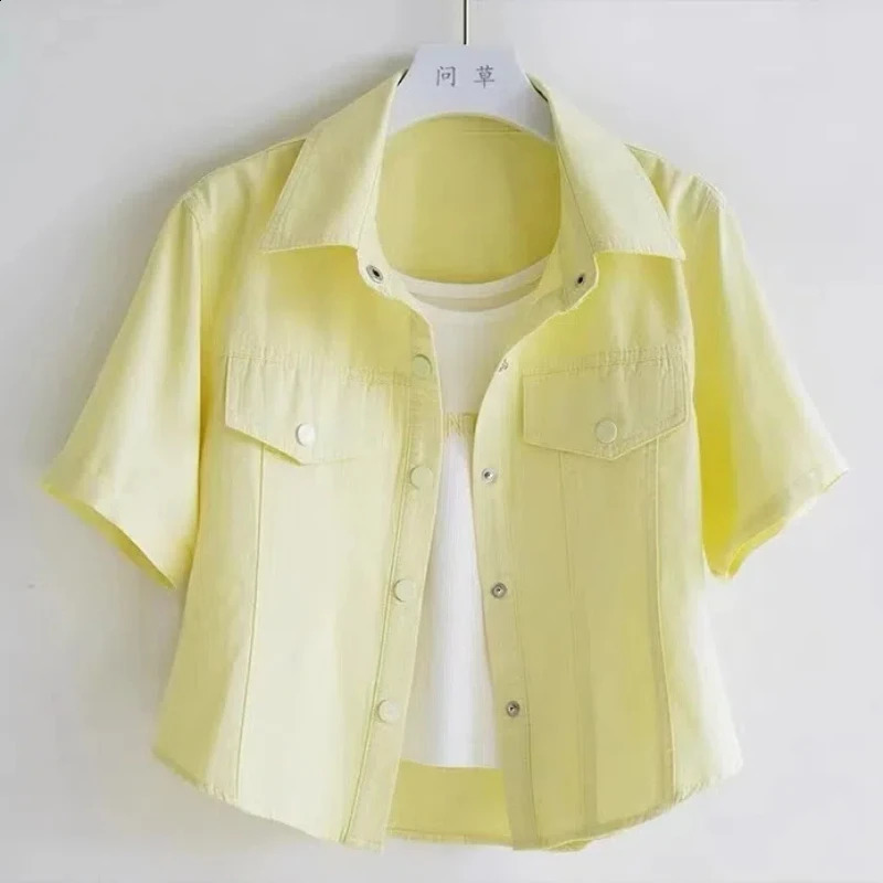 Womens Summer England Commute Solid Color Patchwork Button Cardigan Polo Collar Slim All-match Short Sleeve Coats Tops 240812