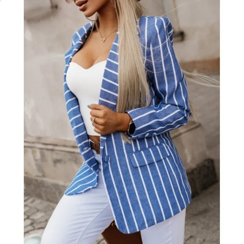 Autumn Fashion Stripe Suit Collar Panel Long Sleeve Temperament Commuting Slim Fit Small Suit Womens Casual Coat 240812