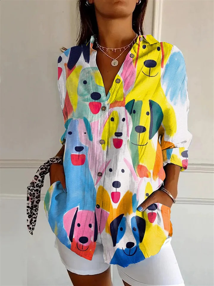 Summer Women Cute Dog Cat Print T Shirt Women Fashion Trend Tops Ladies Casual Short Sleeve Clothing Girls Lapel T Shirt S 240813