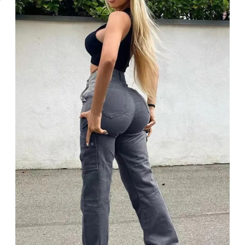 Y2K Vintage Solid Color High Waist Washed Bootcut Jeans Bodycon Cargo Pants Trousers Fashion Women Pocket Straight Denim Jeans 240813