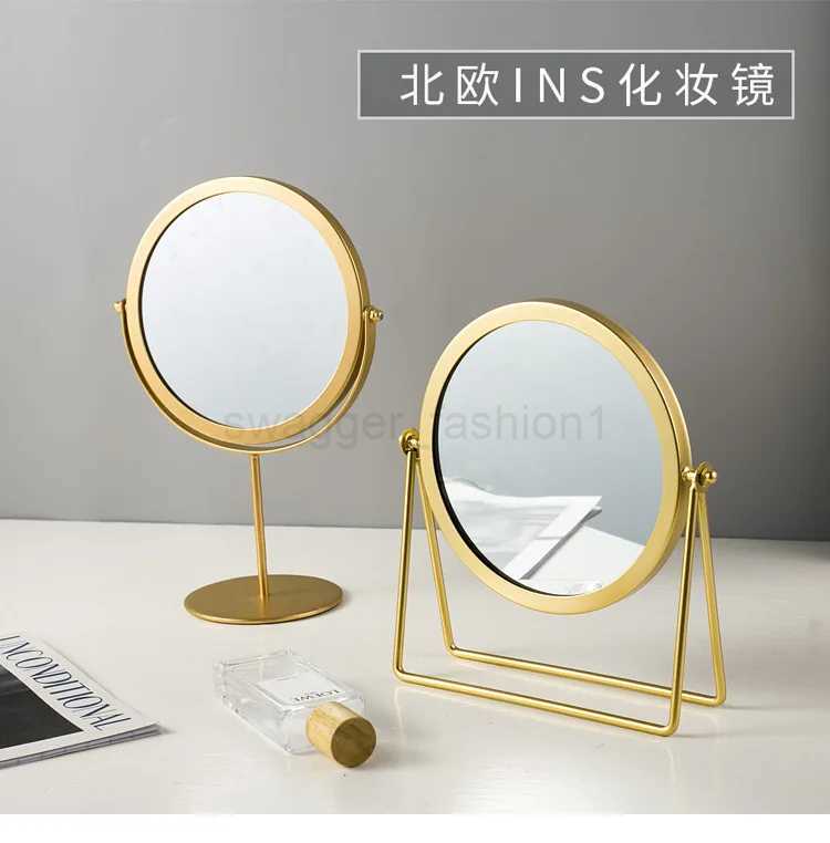 Nordic Brass Gold Metal Makeup Mirror Luxury Retro Dressing Mirror Desktop Bedroom Square Round Mirror Dormitory Makeup MirrorXJ240813