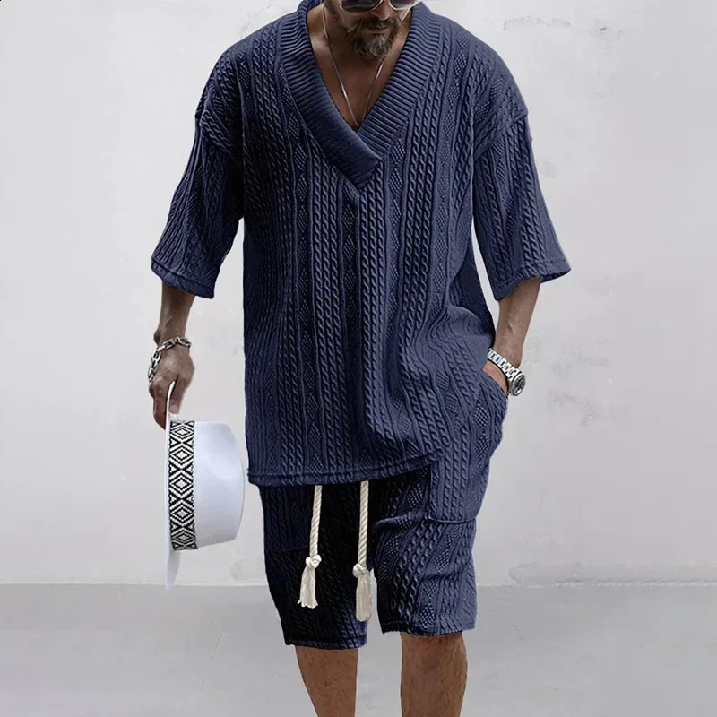 Summer Casual Shorts Set Knitted Two Piece Mens Vneck Short Sleeve Tshirt and Street Clothing 240812