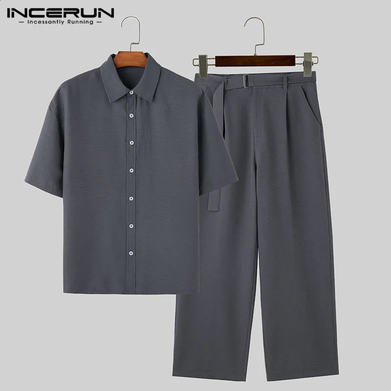 Handsome Men Sets INCERUN 2024 Solid Short Sleeved Shirts Long Pants Casual Streetwear Male Selling Two-piece Sets S-5XL 240813