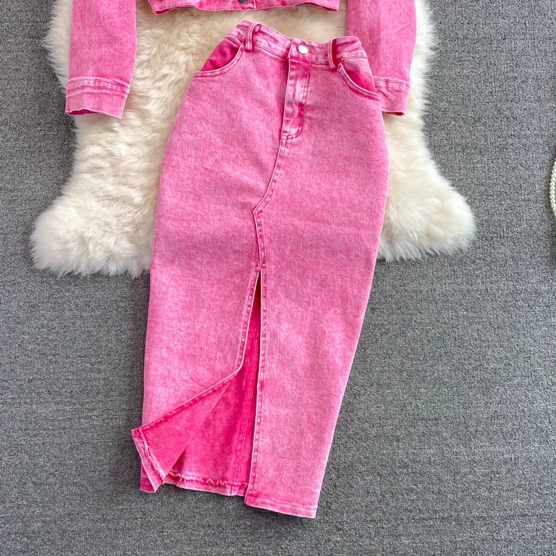 Pink Short Denim Jacket Womens Skirt Set Mid-length High Waisted Split Slinm Package Hip Skirts 2024 Spring Autumn 240812