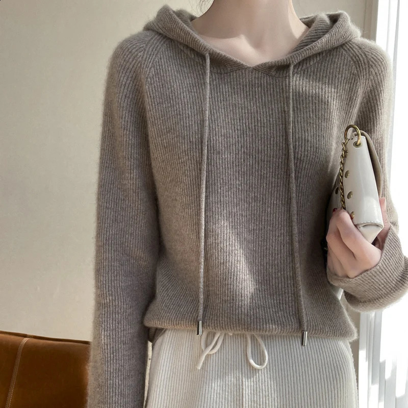 100% pure cashmere sweater womens highend latte knit hooded sweatshirt spring collar loose top jacket 240812