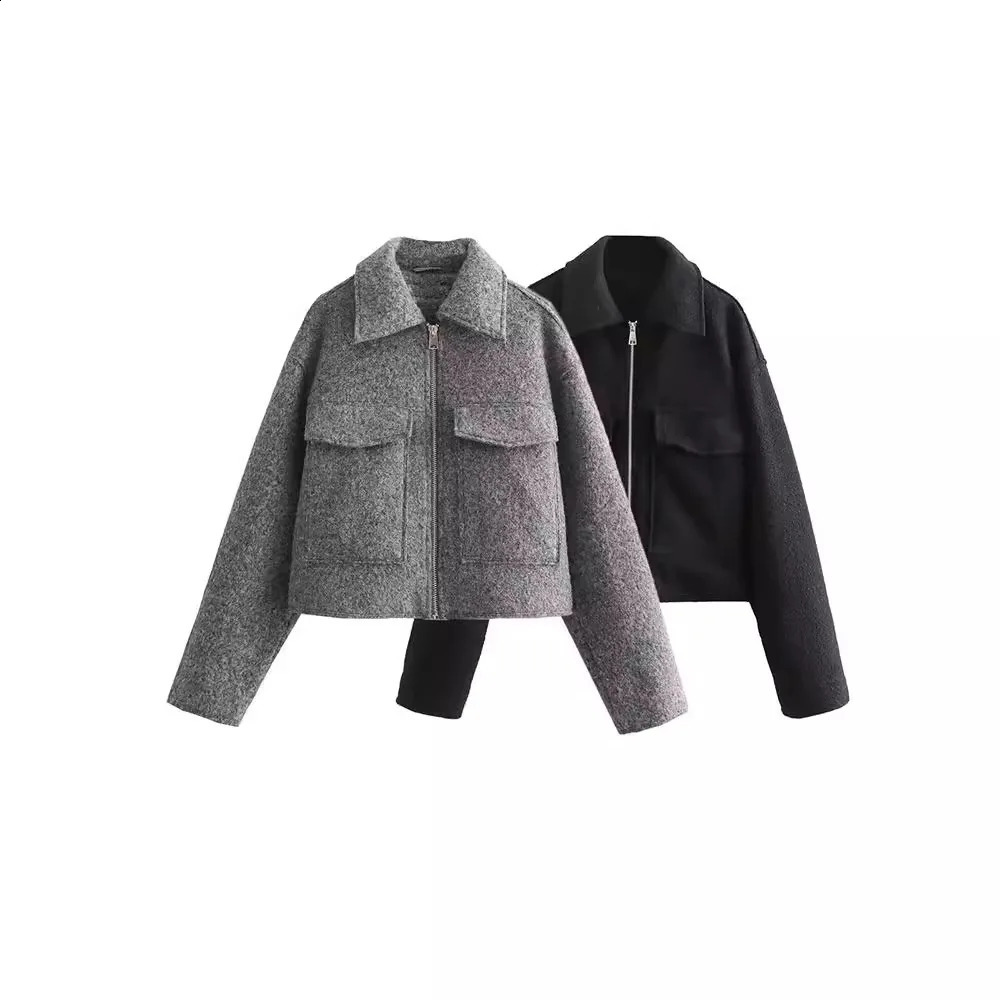 Spring Womens Pocket Grey Front Zipper Jacket Retro Collar Long Sleeve Clothing 240808