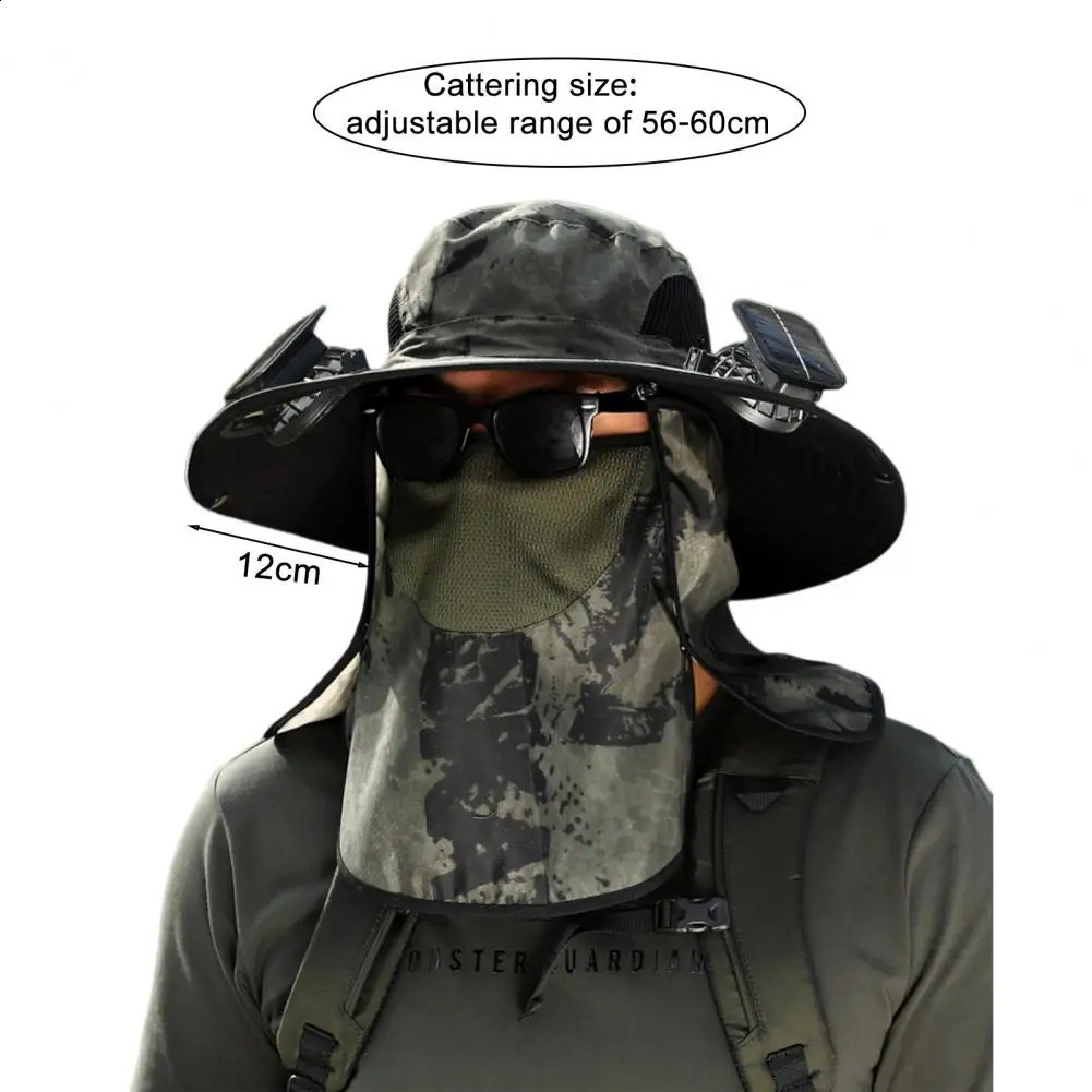 Mens Fishermans Hat with Solar Fan Front Cover Large Diameter Hollow Mesh UV Protection Outdoor Fishing Travel 240812