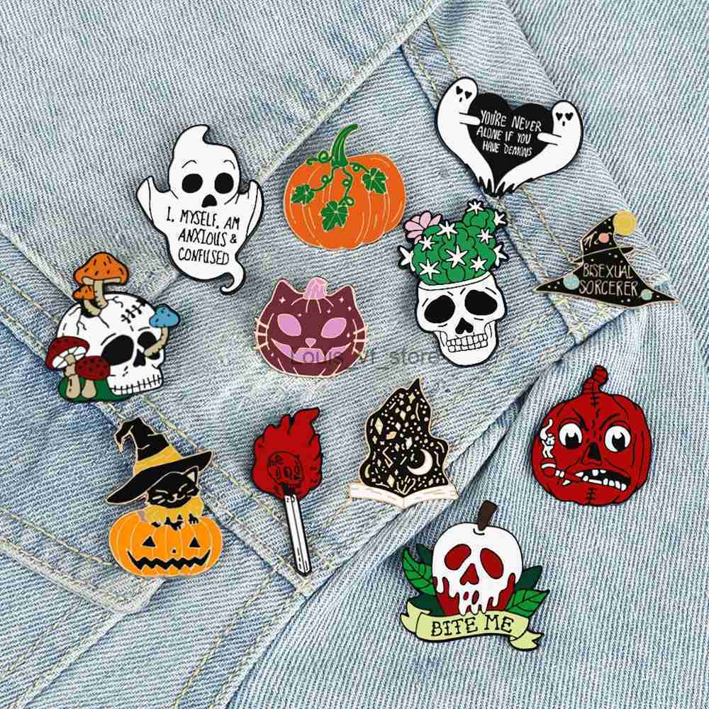 Pins Brooches Interesting Halloween Enamel Pin Punk Pumpkin Fire Gothic Skeleton Chest Magic Witch Festival Party Gift Collar Badge Jewelry H240813