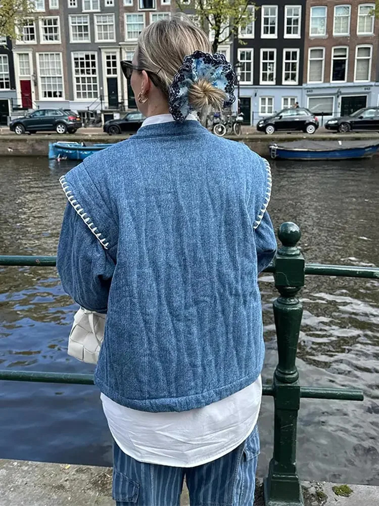 Warm print blue pocket cotton jacket for womens fashion round neck long sleeved casual clothing 240808