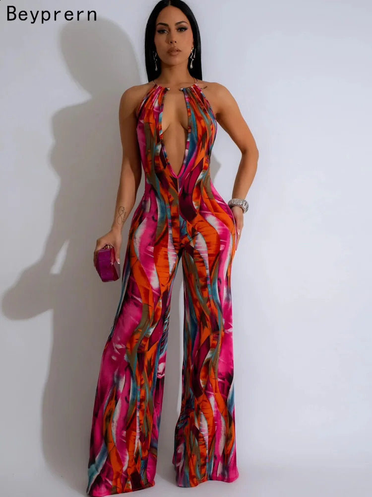 Beyprern Tropical Halter Neck O-Rings Metal Jumpsuits One Piece Outfits Beautiful Backless Printed Wide Leg Rompers Overalls 240813