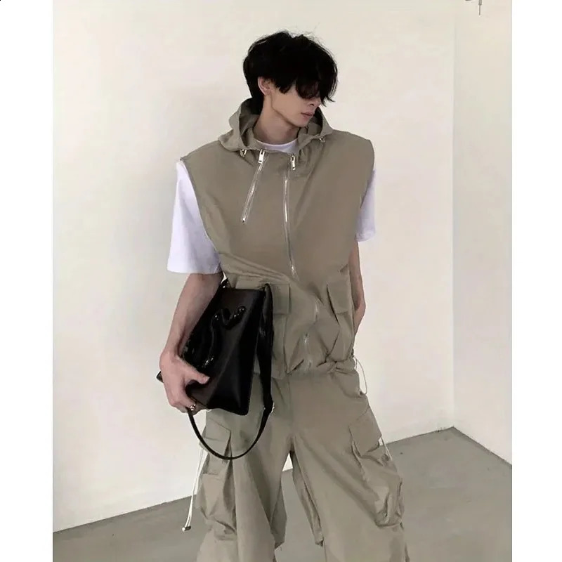 Summer Sleeveless Set Men Women Multi-Pocket Hooded Vest jogging Cargo Pant Spring Loose Casual Zipper Two Piece Suit Street 240813