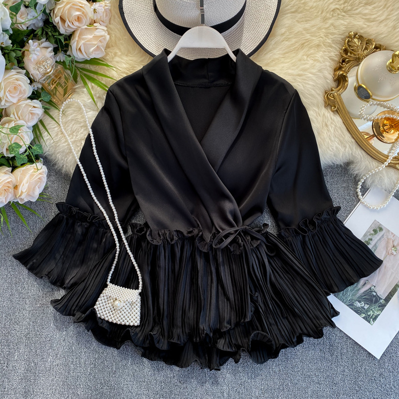 Blouse V-neck 3 4 flared sleeves waistband tied slimming pleats ruffled edges one piece shirt top
