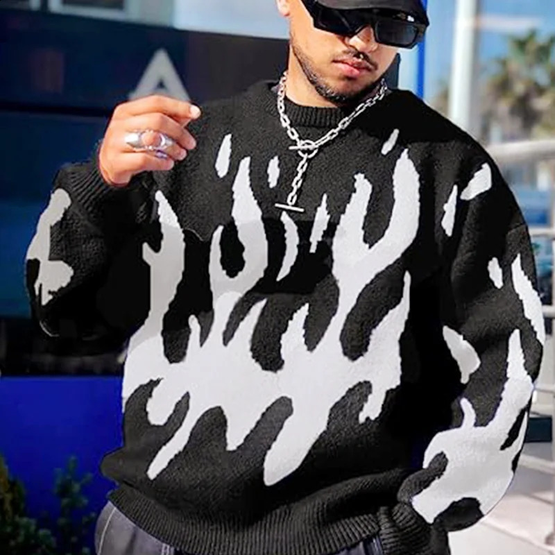 Mens oversized knitted sweater hiphop humorous letter printing jumper Harajuku casual loose fit Oneck floral unisex streetwear 240812