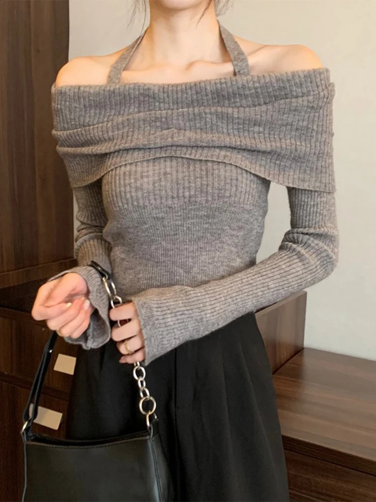 Womens Grey Vintage Pullover Knit Sweater Y2k Aesthetic Harajuku Elegant Long Sleeves Slash Neck Sweaters Fashion 2000s Clothes 240812