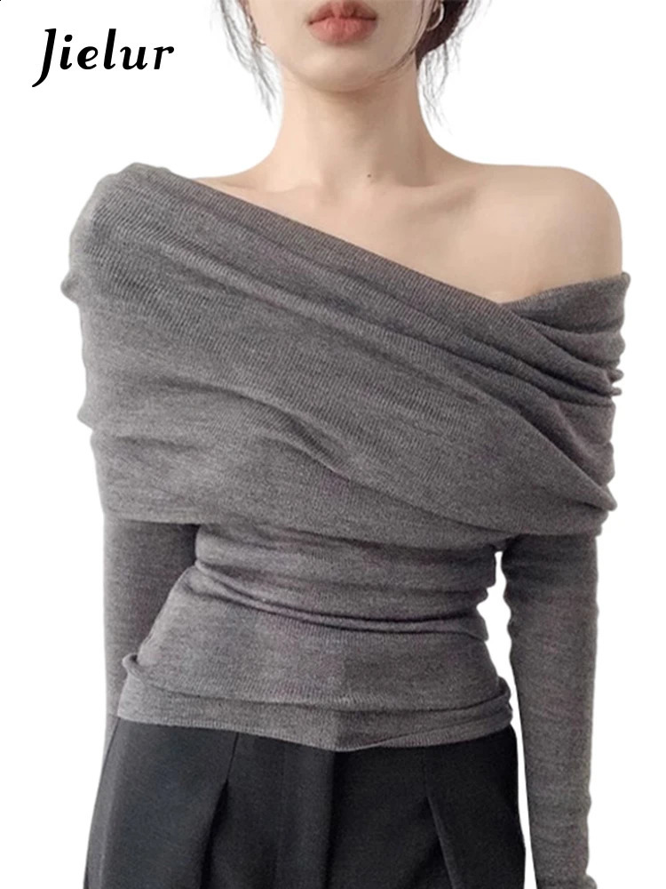 Jielur Autumn Solid Color Slim Women Pullovers Casual Loose Sexy Sweet Pullovers Woman Dark Grey White Black Pink Knitted Top 240813