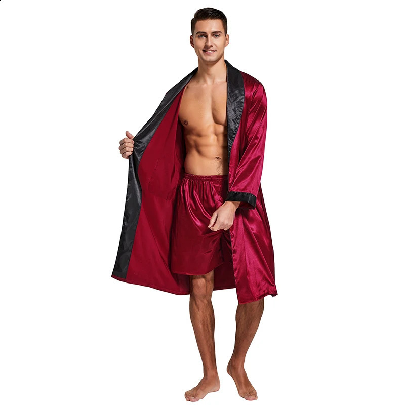 Tony Candice Mens Satin Robe Lightweight Long Sleeve Silk Kimono Bathrobe with Shorts Set Sleepwear 240812