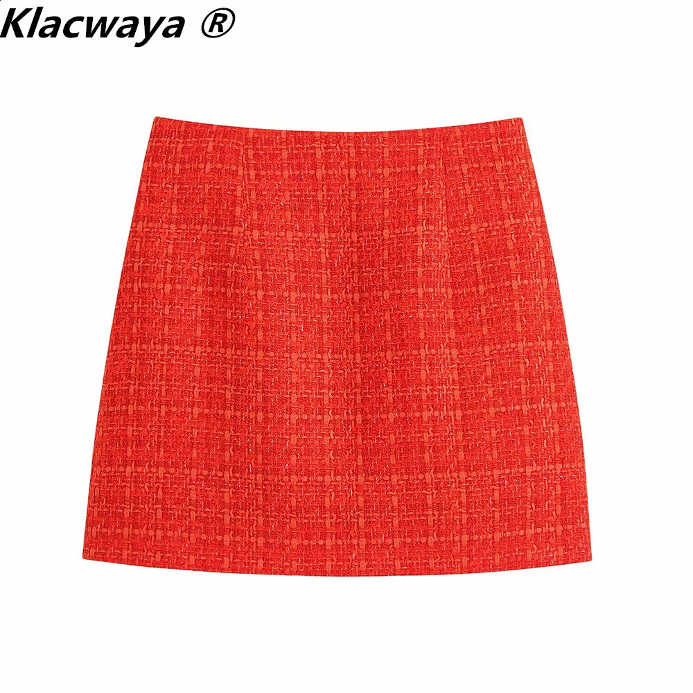 Klacwaya Womens Fashion Two Piece Set Retro Printed Lining Coarse Felt Jacket Front Seam Mini Tight Dress 240812