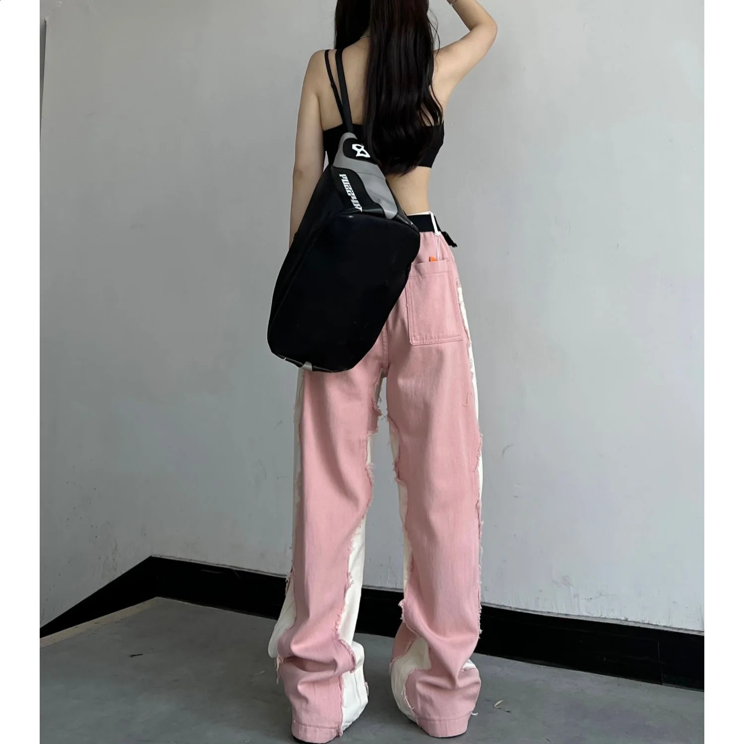 Y2k Vintage Women Splicing Jeans Streetwear Fashion Cootrast Color Pants Oversize Loose Casual Straight Wide Leg Trousers 240813