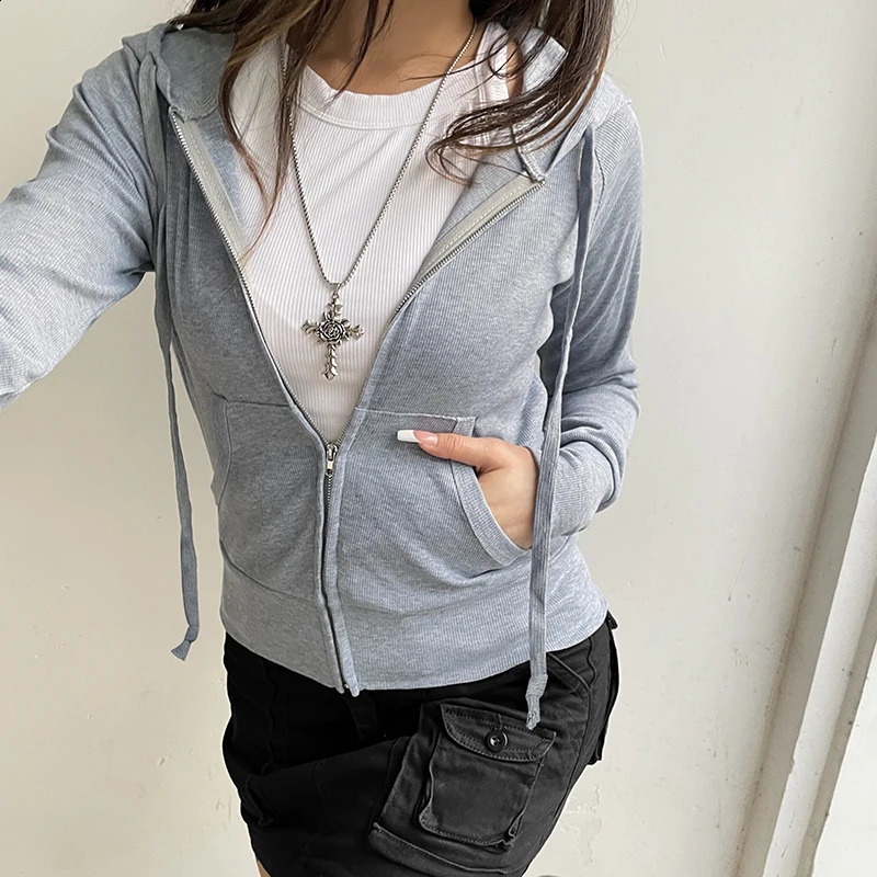 CIBBAR Casual Zip Up Hoodie Cardigan y2k Streetwear Pockets Patchwork Hooded Sweatshirt Women Basic Clothing Fall Clothing 240812