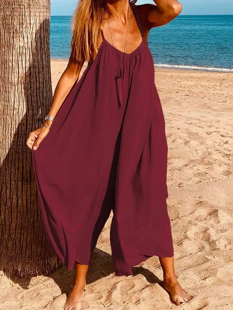 VONDA 2024 Women Summer Sleeveless Jumpsuits Sexy Solid V Neck Long Overalls Loose Playsuits Wide Leg Pants Oversized 240813