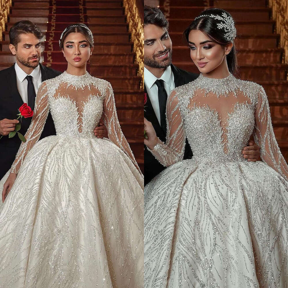 Ball Dreamy Gown Wedding Dresses High Neck Beading Crystals Lace Bridal Gowns Sweep Train Big Custom Size Colour