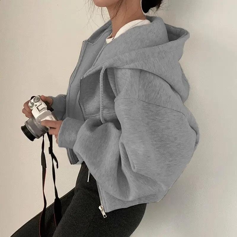 QWEEK Korean Fashion Autumn Cropped Hoodie Women Short Warm Zipper Jacket Retro Hooded Zip-up Oversize Sweatshirt Casual Female 240812