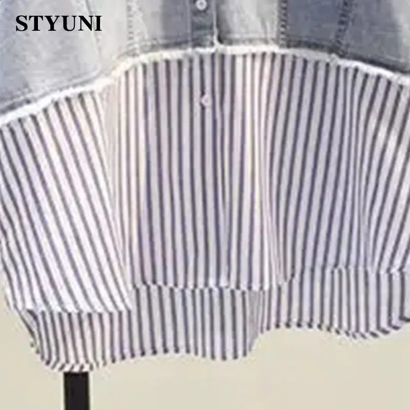 Vertical Striped Denim Vintage Polo Collar Single Breasted Long Sleeve Womens Blouse Shirt Korean Fashion Female Clothing 2024 240812