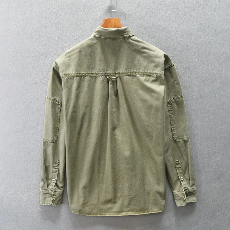 Winter and Autumn Fashion Mens Multi Pocket Splicing Retro Goods Shirt Solid Color Long Sleeve 100% Cotton Loose Day Top 240812