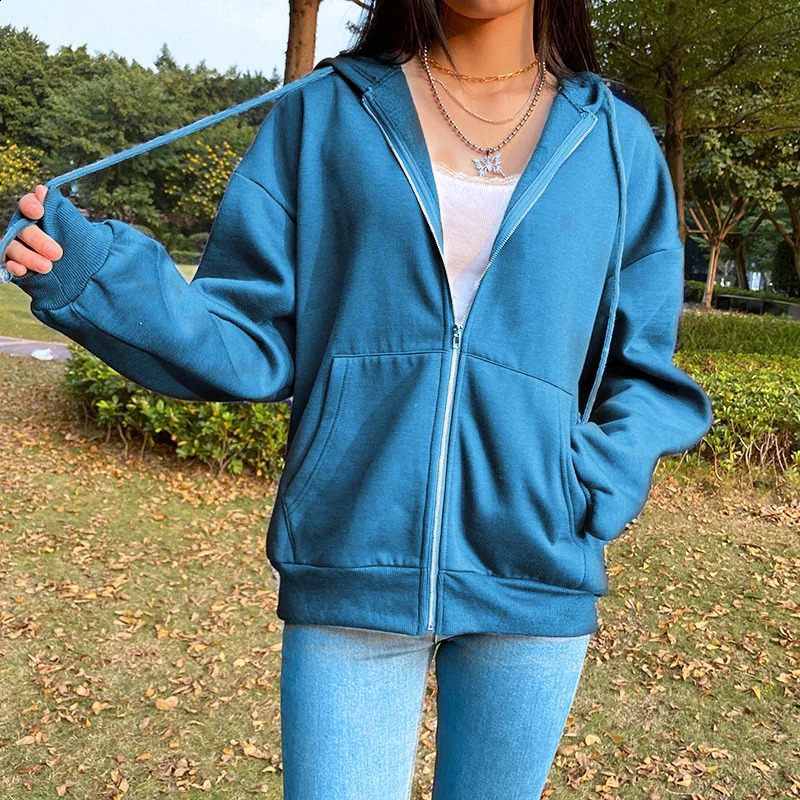 Solid Streetwear Loose Draw String Sweatshirts Autumn Winter Thick Hooded Pockets Womens Clothing Multiple Colors Zipper Cotton 240812