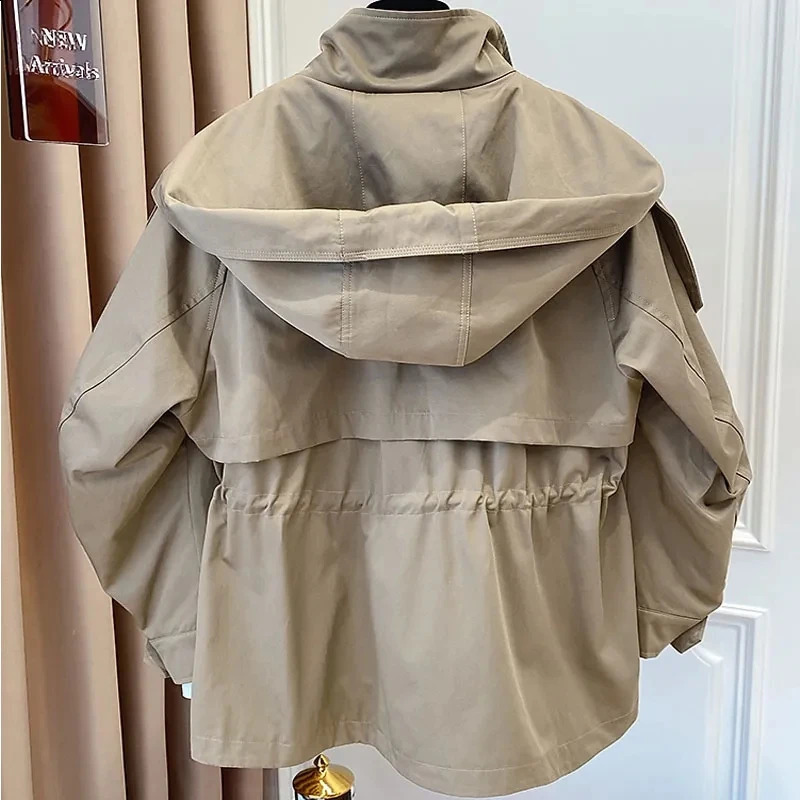 Spring Autumn Oversized Casual Waterproof Khaki Windbreaker Women Long Sleeve Hood Drawstring Zipper Jacket 240812