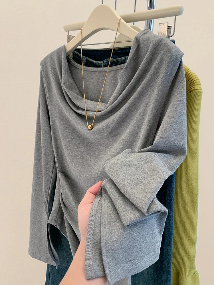 Swinging collar long sleeved Tshirt womens autumn sexy irregular ultrathin top fashion version solid color 240812