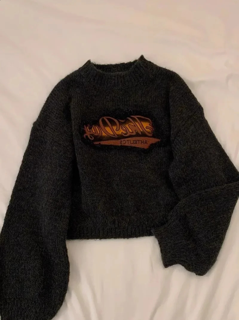 Women Grey Pullover Knitted Sweater Harajuku 90s Aesthetic Y2k Long Sleeves Sweaters Fashion Vintage 2000s Clothes Autumn 240812