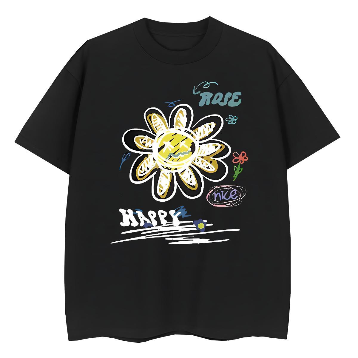 Loose Tshirts Anime Printing Street 230g Pure Cotton Oversized 3XL 4XL O-Neck Short Sleeve flower T Shirts Men Wholesale Clothings