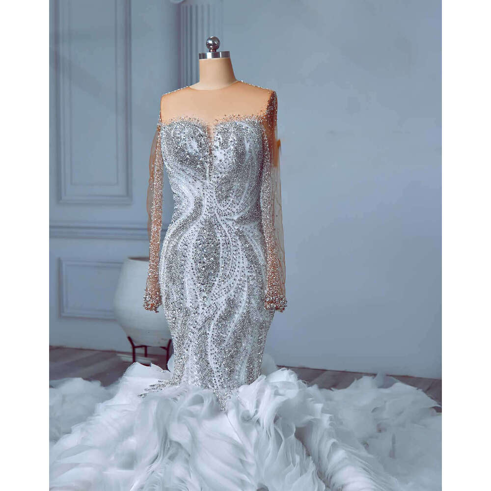 Mermaid Gown Wedding Dresses Ruffles Beading Crystals Long Sleeve Bridal Sweep Train Gowns Big Custom Size Colour