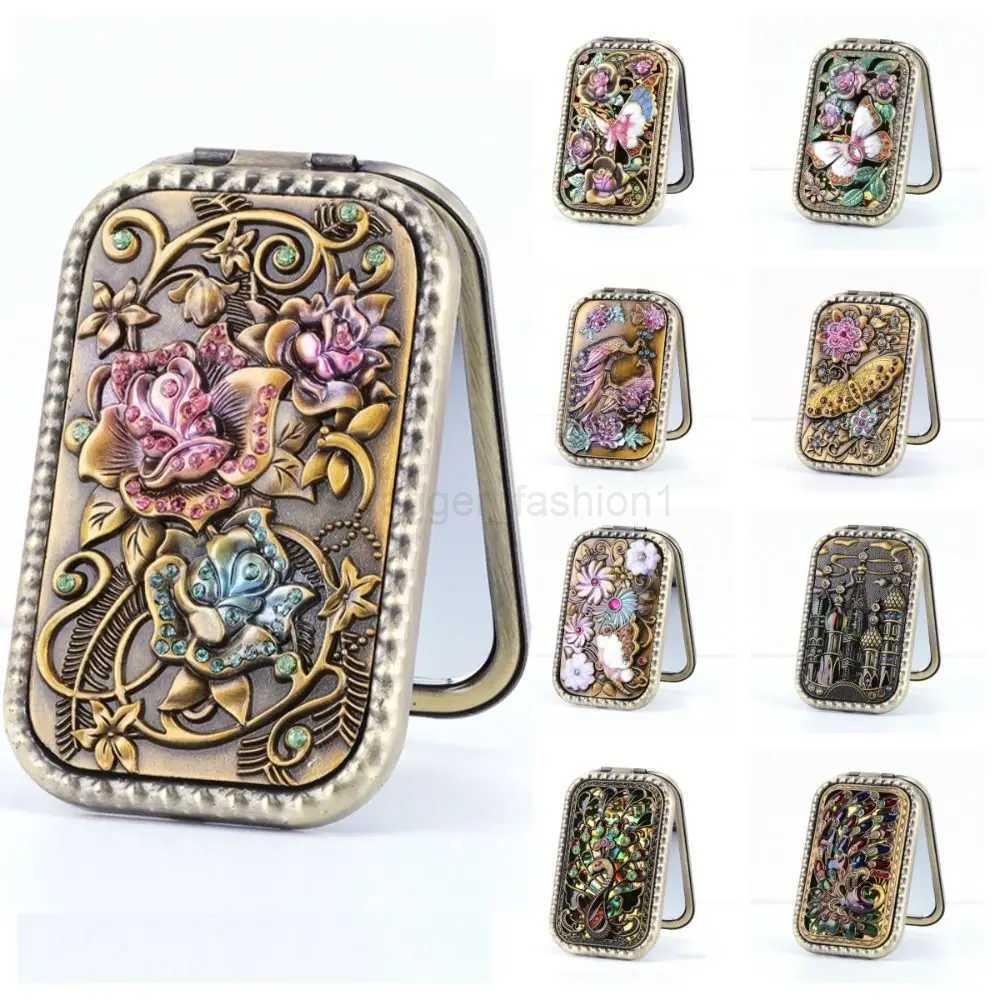 European Retro Metal Small Mirror Pocket Folding Double Sided Makeup Mirror Rectangular Mirror Dressing Gift MirrorXJ240813