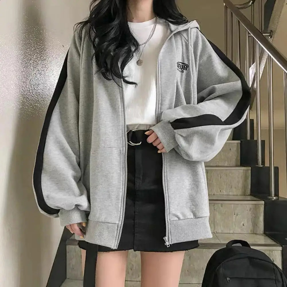 Women Solid Color Zipper Hoodies Harajuku Drawstring Long Sleeve Hooded Sweatshirts Korean Casual Pocket Jacket Streetwear 240812