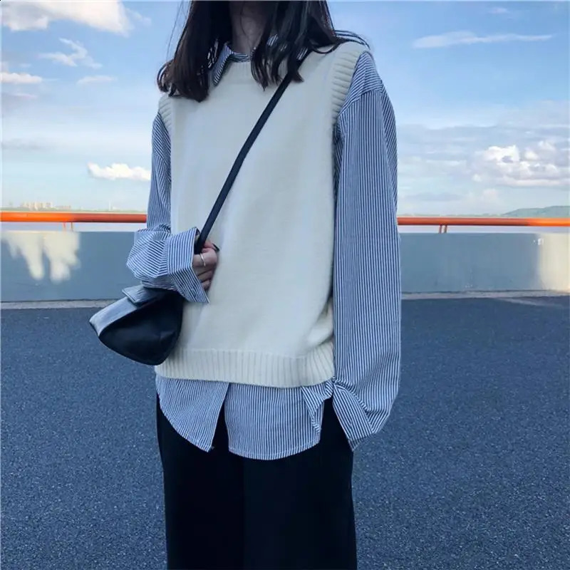 Sweater Vest Women Solid Preppy Style Loose Fit Layering Korean Fashion Knitted All-match Students Casual Spring Simple Mujer 240812