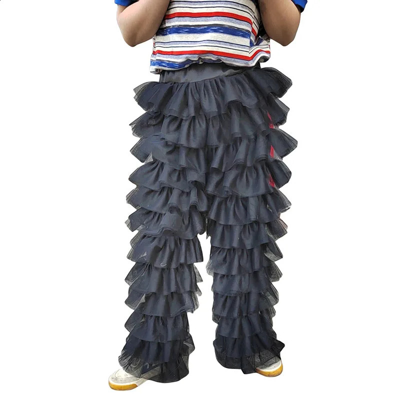 Womens Tulle Pants Solid Color Patchwork Multi-Layer Ruffle Yarn High Waist Female Trousers Leather Fashion Trousers Club Party 240813