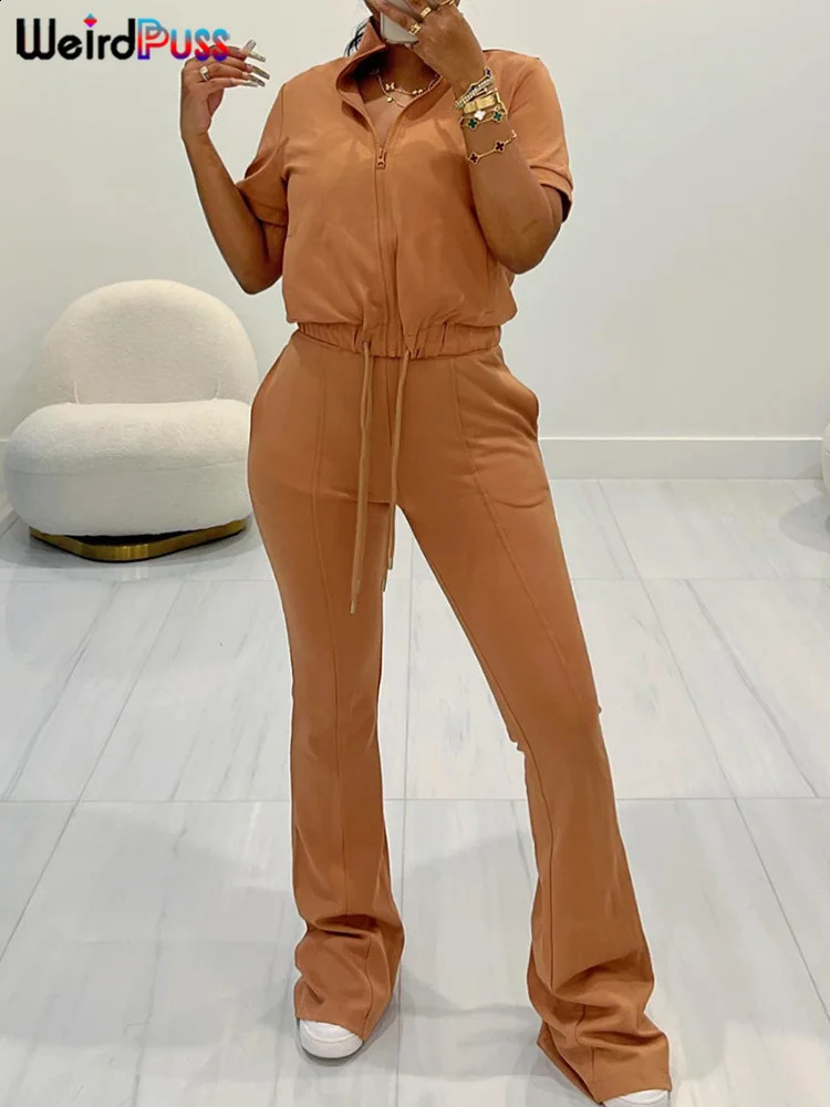 Weird Puss Women Tracksuit Two Piece Set Casual Zip Solid Short Sleeve Waistband TopsFlare Pants Matching Streetwear Outfits 240813