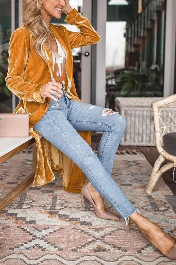 Winter Fashion Velvet Long Coats Womens Oversized Golden Maxi Jackets Open Stitch Velour Long Trench Mujer Stretch Coats 240813