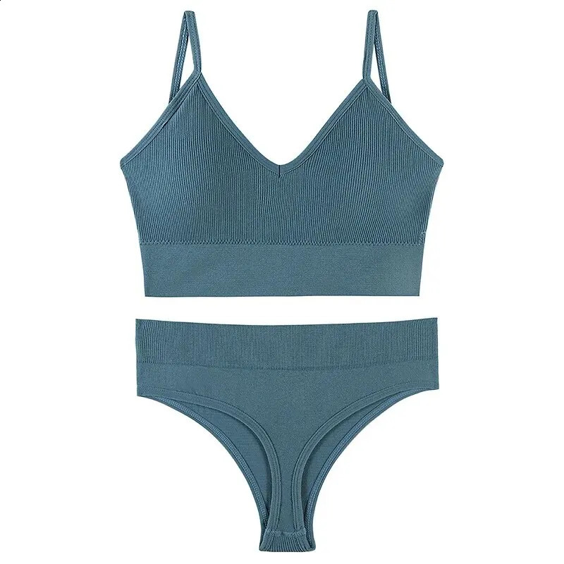 1 Set Seamless Bra Panties Solid Thin Wireless Bra Ribbed Thong Lingerie Set Womens Lingerie Underwear 240812